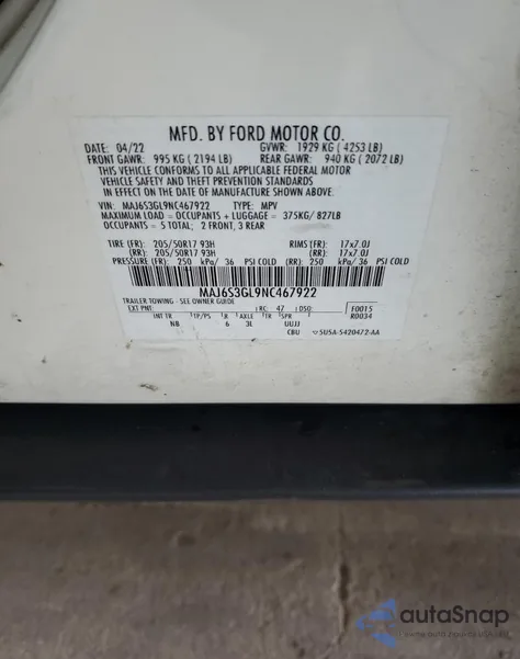 2022 Ford Ecosport Se из США, поврежденный, VIN MAJ6S3GL9NC467922